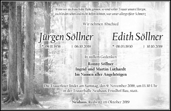 Traueranzeige von JürgenEdith SöllnerSöllner von Südthüringer Presse