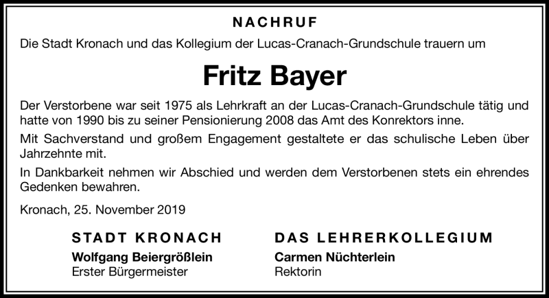  Traueranzeige für Fritz Bayer vom 26.11.2019 aus Neue Presse Coburg