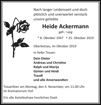 Traueranzeige von Heide Ackermann von Frankenpost
