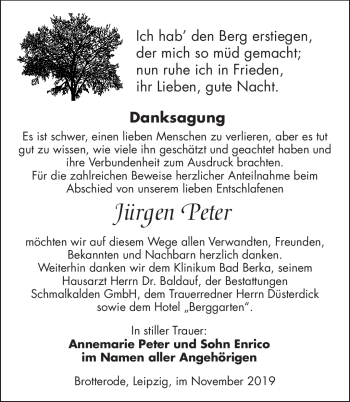 Traueranzeige von Jürgen Peter von Südthüringer Presse