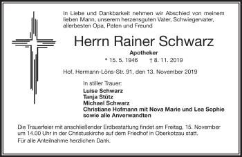 Traueranzeige von Rainer Schwarz von Frankenpost
