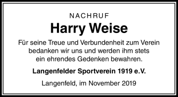 Traueranzeige von Harry Weise von Südthüringer Presse