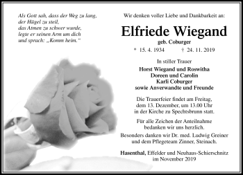 Traueranzeige von Elfriede Wieganf von Südthüringer Presse