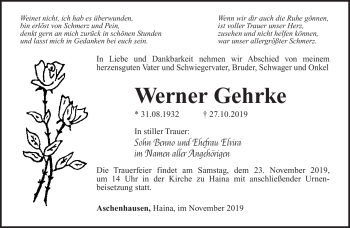 Traueranzeige von Werner Gehrke von Südthüringer Presse