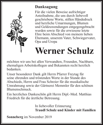 Traueranzeige von Werner Schulz von Südthüringer Presse