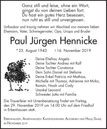 Traueranzeige von Paul Jürgen Hennicke von Südthüringer Presse
