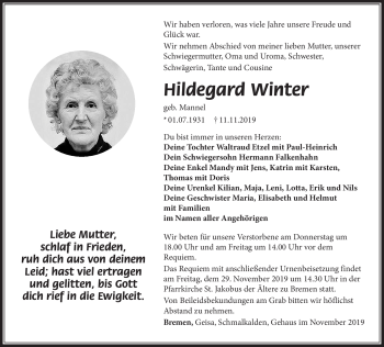 Traueranzeige von Hildegard Winter von Südthüringer Presse