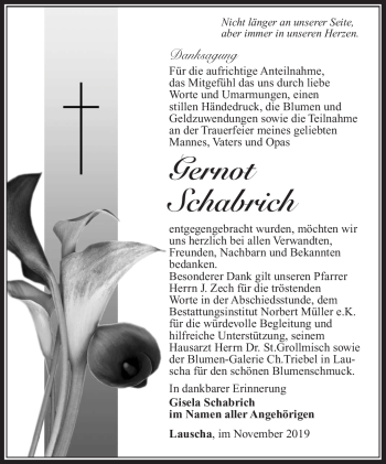 Traueranzeige von Gernot Schabrich von Südthüringer Presse