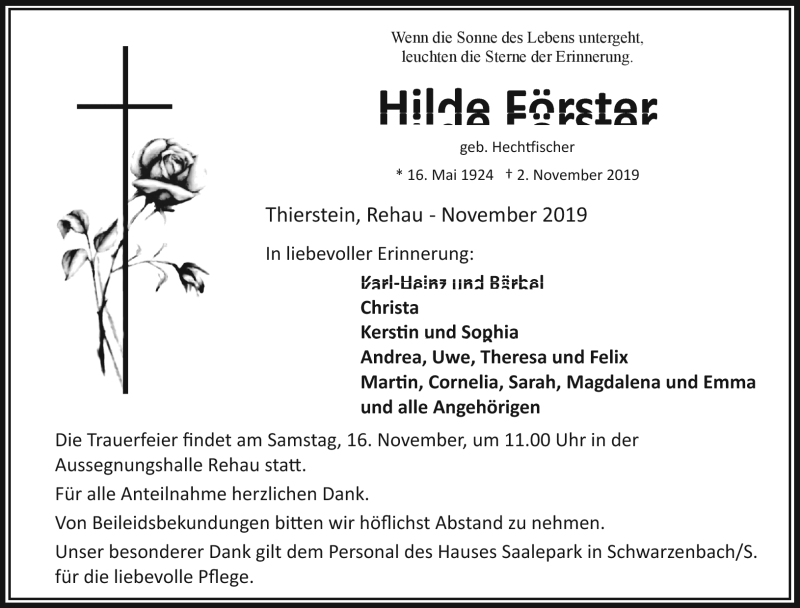  Traueranzeige für Hilde Förster vom 12.11.2019 aus Frankenpost