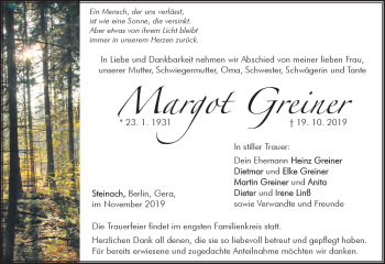 Traueranzeige von Margot Greiner von Südthüringer Presse