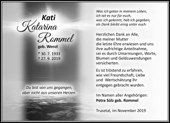 Traueranzeige von Katarina Rommel von Südthüringer Presse