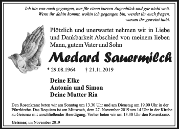 Traueranzeige von Medard Sauermilch von Südthüringer Presse