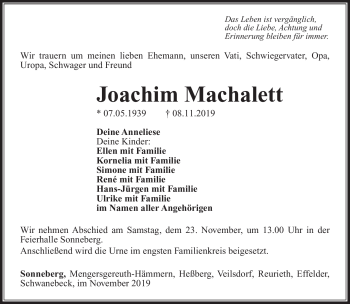 Traueranzeige von Joachim Machalett von Südthüringer Presse