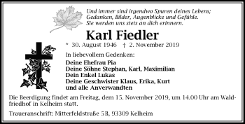 Traueranzeige von Karl Fiedler von Frankenpost
