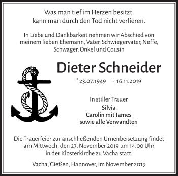Traueranzeige von Dieter Schneider von Südthüringer Presse