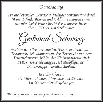 Traueranzeige von Gertraud Schwarz von Südthüringer Presse