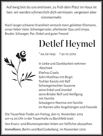 Traueranzeige von Detlef Heymel von Südthüringer Presse