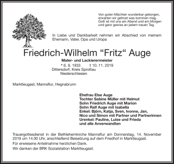 Traueranzeige von Friedrich-Wilhelm Auge von Frankenpost
