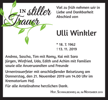 Traueranzeige von Ulli Winkler von Frankenpost