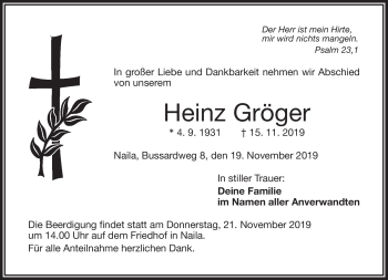 Traueranzeige von Heinz Gröger von Frankenpost