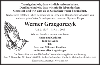 Traueranzeige von Werner Grzegorczyk von Südthüringer Presse