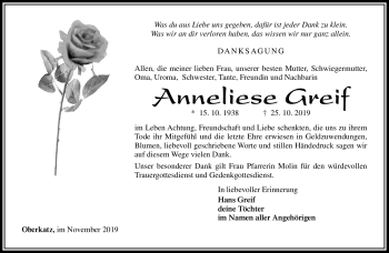 Traueranzeige von Anneliese Greif von Südthüringer Presse