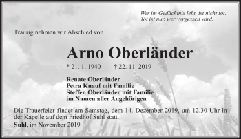 Traueranzeige von Arno Oberländer von Südthüringer Presse