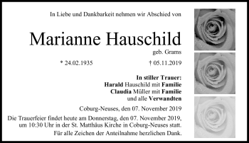 Traueranzeige von Marianne Hauschild von Neue Presse Coburg