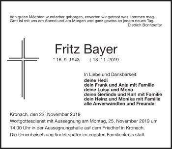 Traueranzeige von Fritz Bayer von Neue Presse Coburg