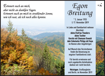 Traueranzeige von Egon Breitung von Südthüringer Presse