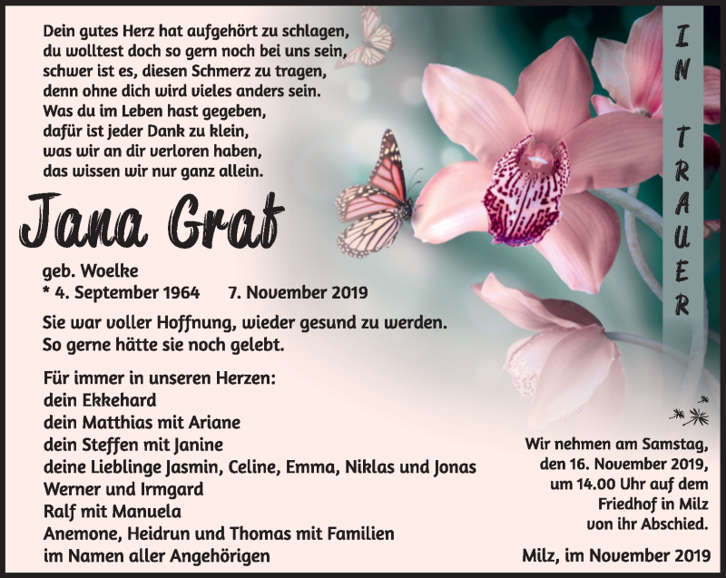  Traueranzeige für Jana Graf vom 12.11.2019 aus Südthüringer Presse