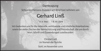 Traueranzeige von Gerhard Linß von Südthüringer Presse