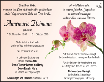 Traueranzeige von Annemarie Heimann von Südthüringer Presse