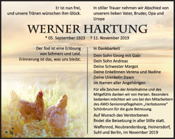 Traueranzeige von Werner Hartung von Südthüringer Presse