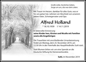 Traueranzeige von Alfred Holland von Südthüringer Presse