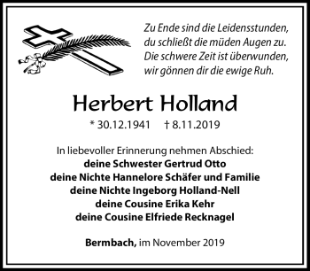 Traueranzeige von Herbert Holland von Südthüringer Presse