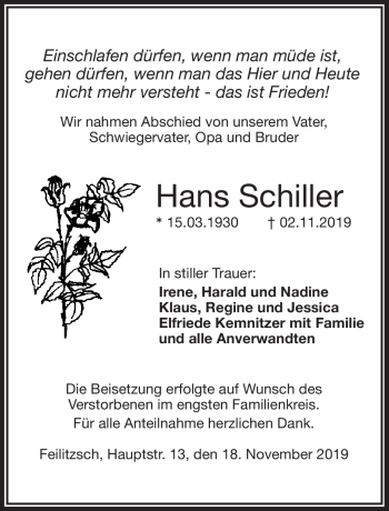 Traueranzeige von Hans Schiller von Frankenpost