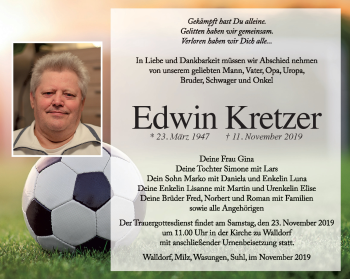 Traueranzeige von Edwin kretzer von Südthüringer Presse