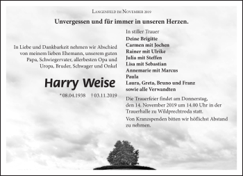 Traueranzeige von Harry Weise von Südthüringer Presse