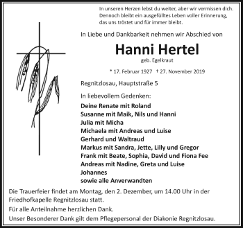 Traueranzeige von Hanni Hertel von Frankenpost