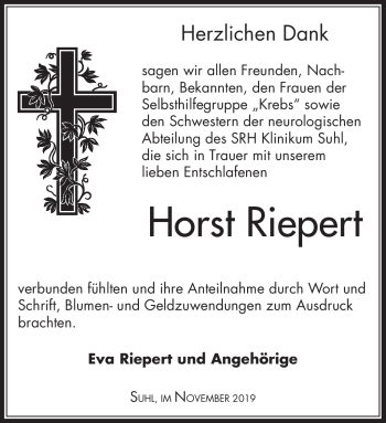 Traueranzeige von Horst Riepert von Südthüringer Presse