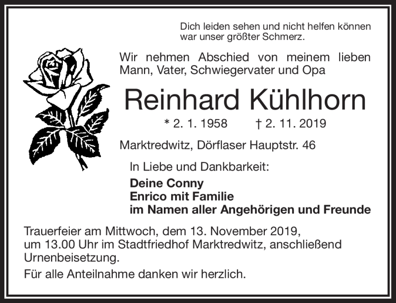  Traueranzeige für Reinhard Kühlhorn vom 09.11.2019 aus Frankenpost