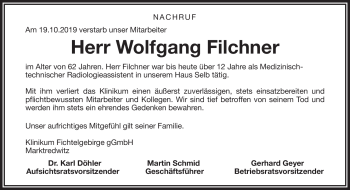 Traueranzeige von Wolfgang Filchner von Frankenpost