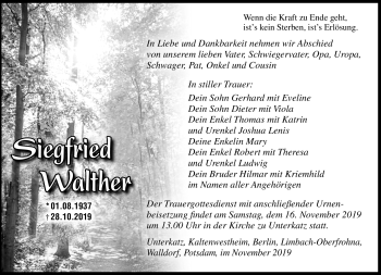 Traueranzeige von Siegfried Walther von Südthüringer Presse