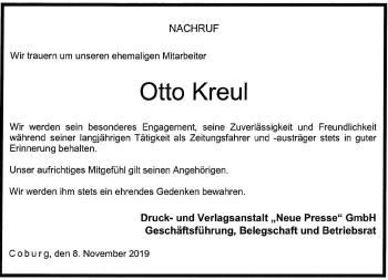 Traueranzeige von Otto Kreul von Neue Presse Coburg