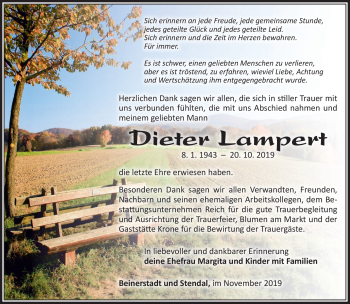 Traueranzeige von Dieter Lampert von Südthüringer Presse