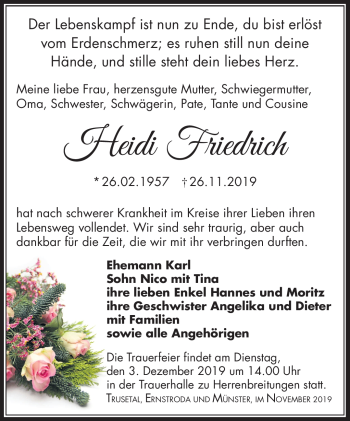Traueranzeige von Heidi Friedrich von Südthüringer Presse