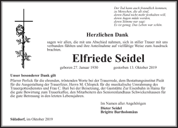 Traueranzeige von Elfriede Seidel von Südthüringer Presse