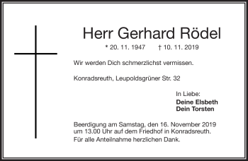 Traueranzeige von Gerhard Rödel von Frankenpost