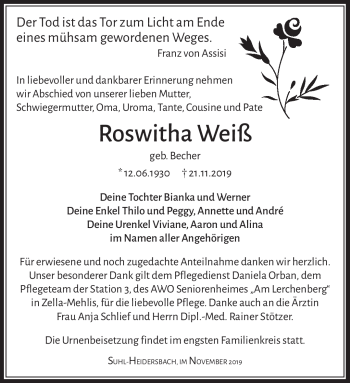 Traueranzeige von Roswitha Weiß von Südthüringer Presse